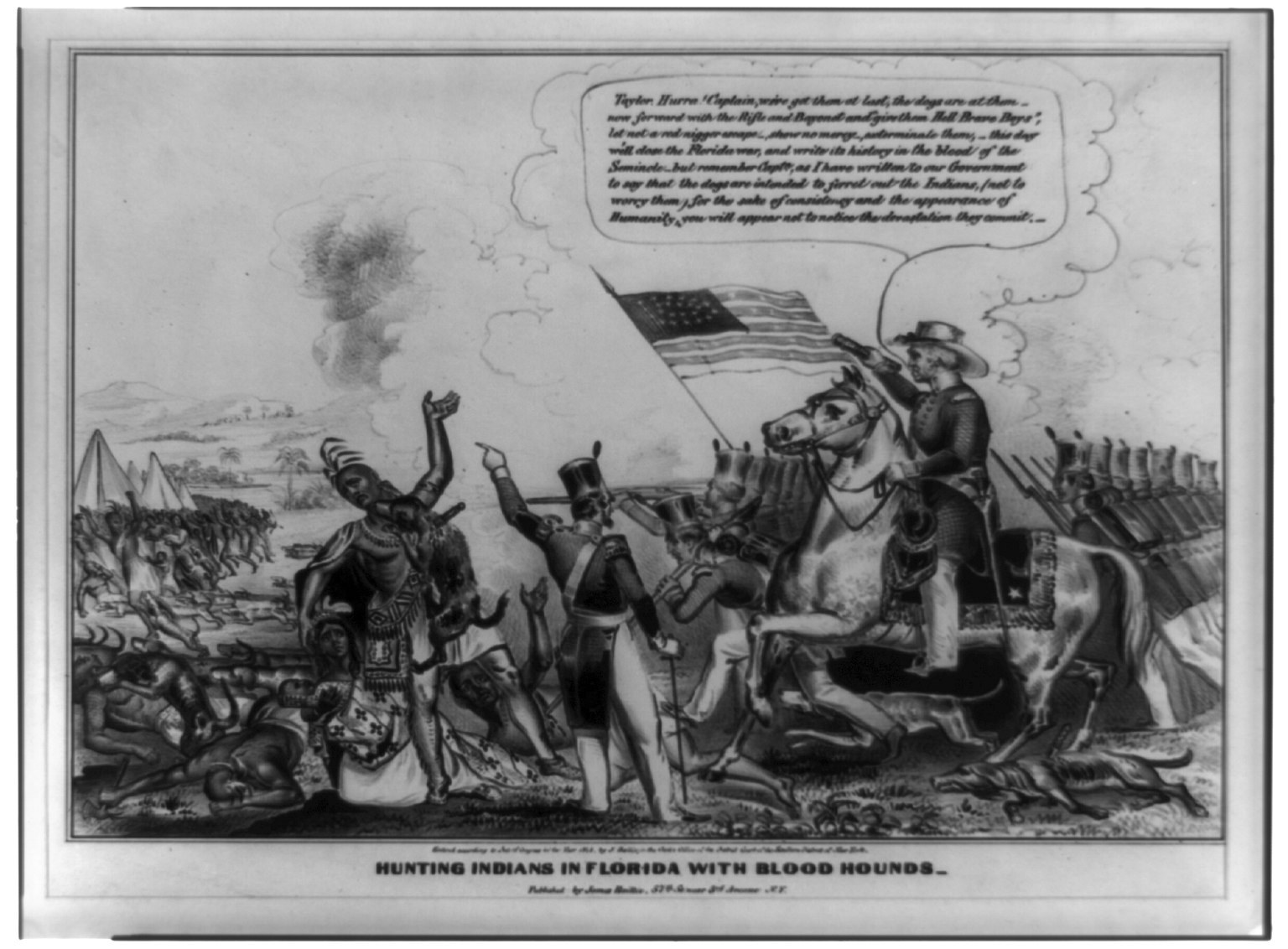 Schwarzes und weißes Foto einer Gruppe von Menschen, einige zu Pferde, mit einer Flagge im Hintergrund und Text 'Jagen von Indianern in Florida mit Bluthunden' unten.