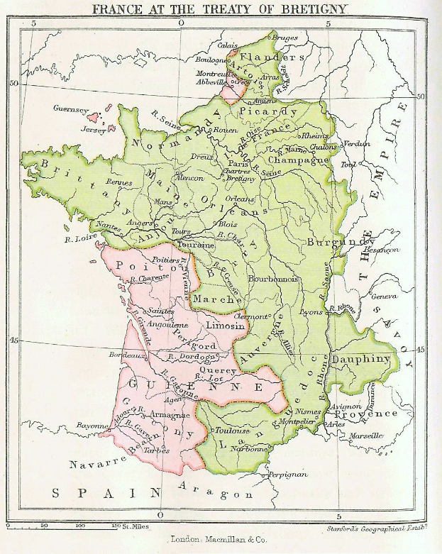 Eine detaillierte Karte Frankreichs während des Vertrags von Bretigny, die Provinzen und Städte zeigt, mit begleitendem Text, der den Vertrag beschreibt.