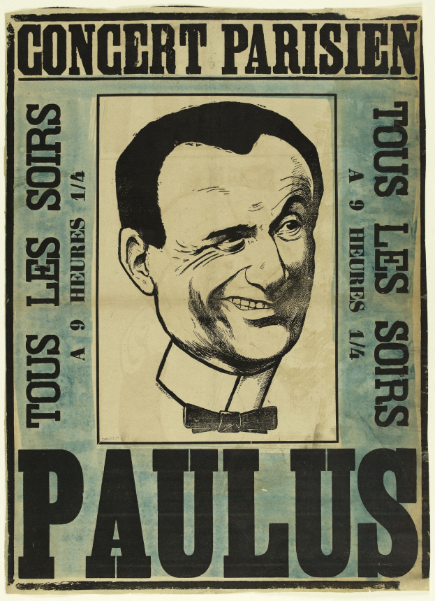 Plakat für ein Konzert in Paris mit einem Porträt von Paulus und Text mit Veranstaltungseinzelheiten.