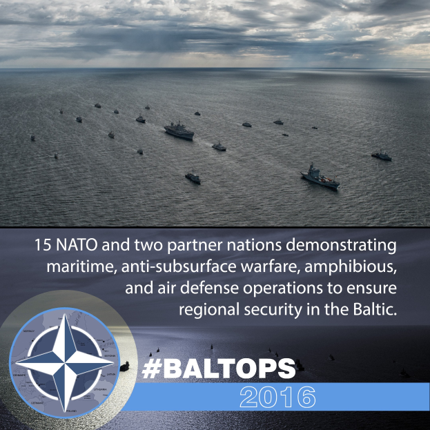 Schiffsverband auf Wasser mit bewölktem Himmel, mit Text und Logo über NATO-Maritime-Operationen in der Ostsee.