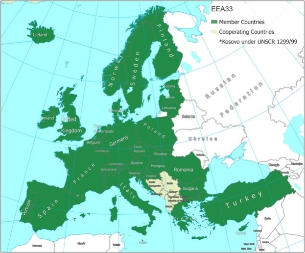 Eine Europakarte, die die Mitgliedstaaten der Europäischen Union mit Ländernamen, Grenzen, wichtigen Städten, Flüssen und geografischen Merkmalen hervorhebt.