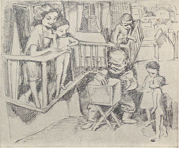 Eine Zeichnung einer Familie in einem Wohnzimmer mit einem Mann auf einem Stuhl sitzend, einer Frau neben ihm stehend, die ein Baby hält, anderen Menschen im Raum und einem Fenster im Hintergrund, mit Text unten.