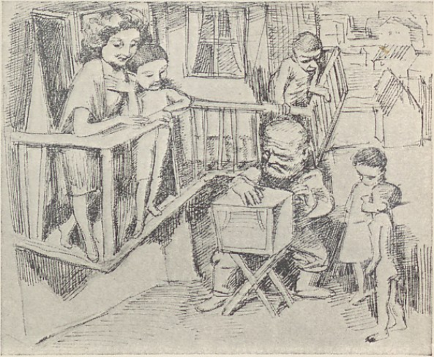 Eine Zeichnung einer Familie in einem Wohnzimmer mit einem Mann auf einem Stuhl sitzend, einer Frau neben ihm stehend, die ein Baby hält, anderen Menschen im Raum und einem Fenster im Hintergrund, mit Text unten.