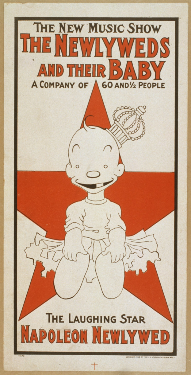 Plakat für "The New Music Show: The Newlyweds and Their Baby" mit einer Cartoon-Baby in einem weißen Body mit einer pinken Schleife, das gegen einen hellblauen Hintergrund mit Sternen lächelt.