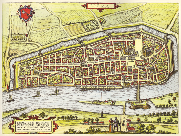 Ein detailliertes Stadtplan-Poster von Bremen, Deutschland, das Straßen, Gebäude, Sehenswürdigkeiten und begleitenden Text zeigt.