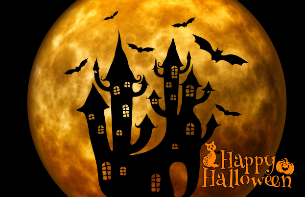 Eine animierte Halloween-Szene mit einem Vollmond, einer Burg, fliegenden Fledermäusen und dem Text "Happy Halloween" in der rechten unteren Ecke.