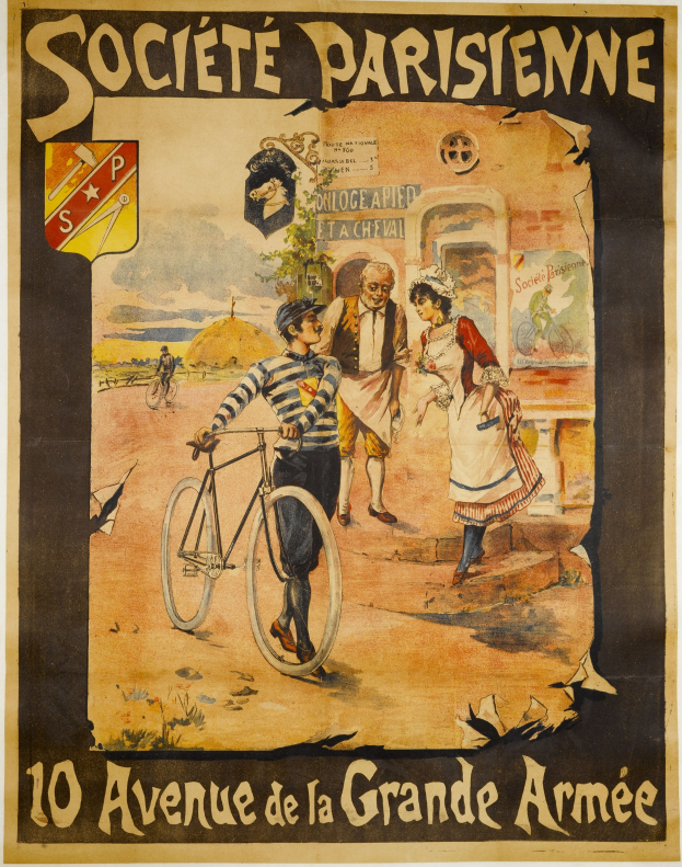 Plakat, das ein Fahrradrennen in Paris, Frankreich, ankündigt und eine Gruppe von Menschen zeigt, von denen einer ein Fahrrad hält und ein Gebäude im Hintergrund zu sehen ist, begleitet von Text.