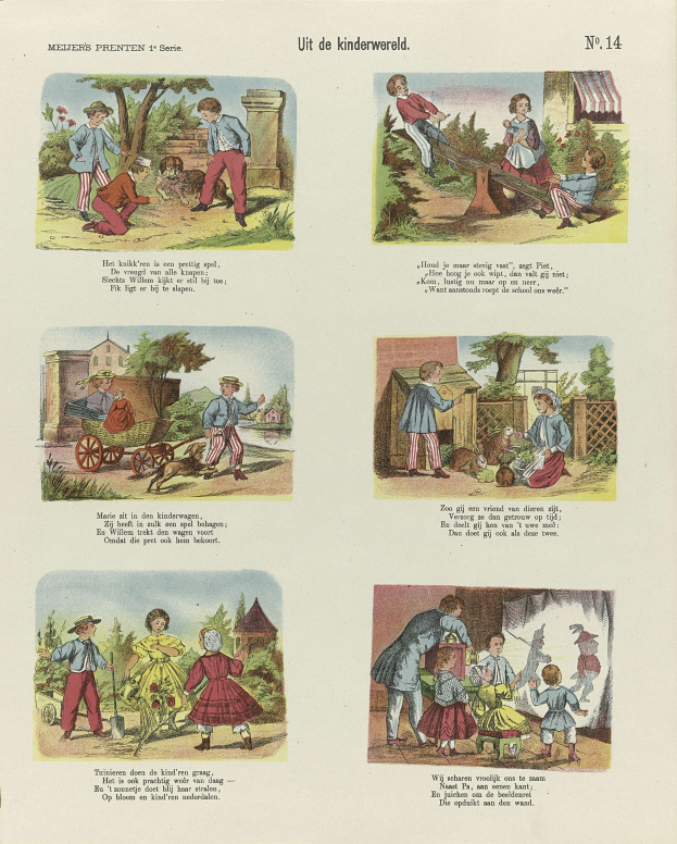 Ein aufgeschlagenes Buch mit einer Illustration von Kindern, die im Park spielen, umgeben von Bäumen, Gebäuden und einem Wagen, begleitet von Text.