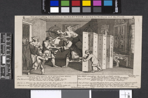 Schwarz-weißer Stich von Menschen in einem Raum, die einen Text und Farboptionen enthaltendes Papier untersuchen, das Wahlbestechung mit einer teuflischen Figur darstellt.