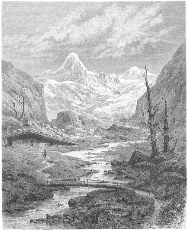 Schwarz-weißer Stich eines Gebirgspanoramas mit einem Fluss, einer Brücke, einer Person auf der Brücke, Bäumen, Hügeln und einem bewölkten Himmel, unten mit "Albert Bierstadt - Schweizer Alpen" beschriftet.