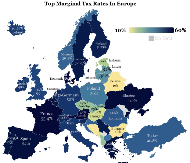 Eine Karte von Europa mit Farben, die die höchsten Grenzsteuersätze in jedem Land angeben, mit der überschrift "Höchste Grenzsteuersätze in Europa".