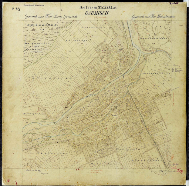 Alte Schwarz-Weiß-Karte von Garmisch-Partenkirchen, Deutschland, zeigt Straßen, Gebäude und Sehenswürdigkeiten.