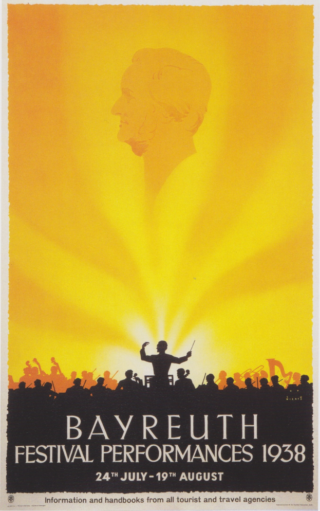 Plakat für die Bayreuth-Festival-Aufführungen 1938, das eine zentrale Figur umgeben von einer Gruppe zeigt, mit Text, der Festival-Details bereitstellt.