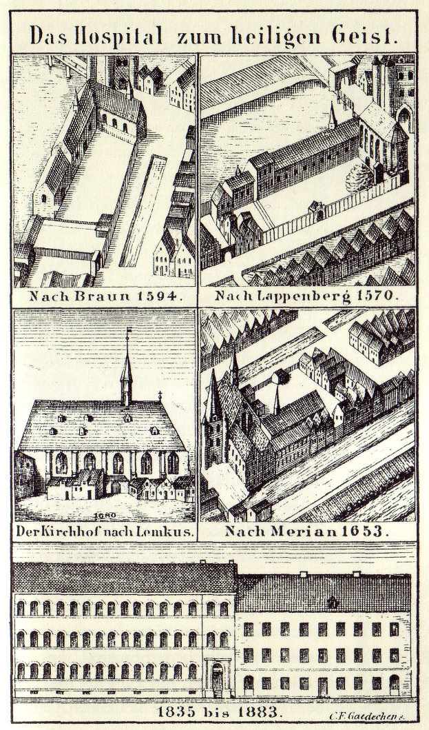 Detailgetreue Abbildung eines deutschen Krankenhausgebäudes auf einem Plakat, einschließlich Fenstern, Türen und Balkonen, begleitet von Text, der seine Größe, Lage und Merkmale beschreibt.