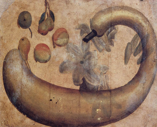 Ein leuchtendes Gemälde auf Papier mit einer Banane mit einer Blume, umgeben von verschiedenen Früchten und Blättern.