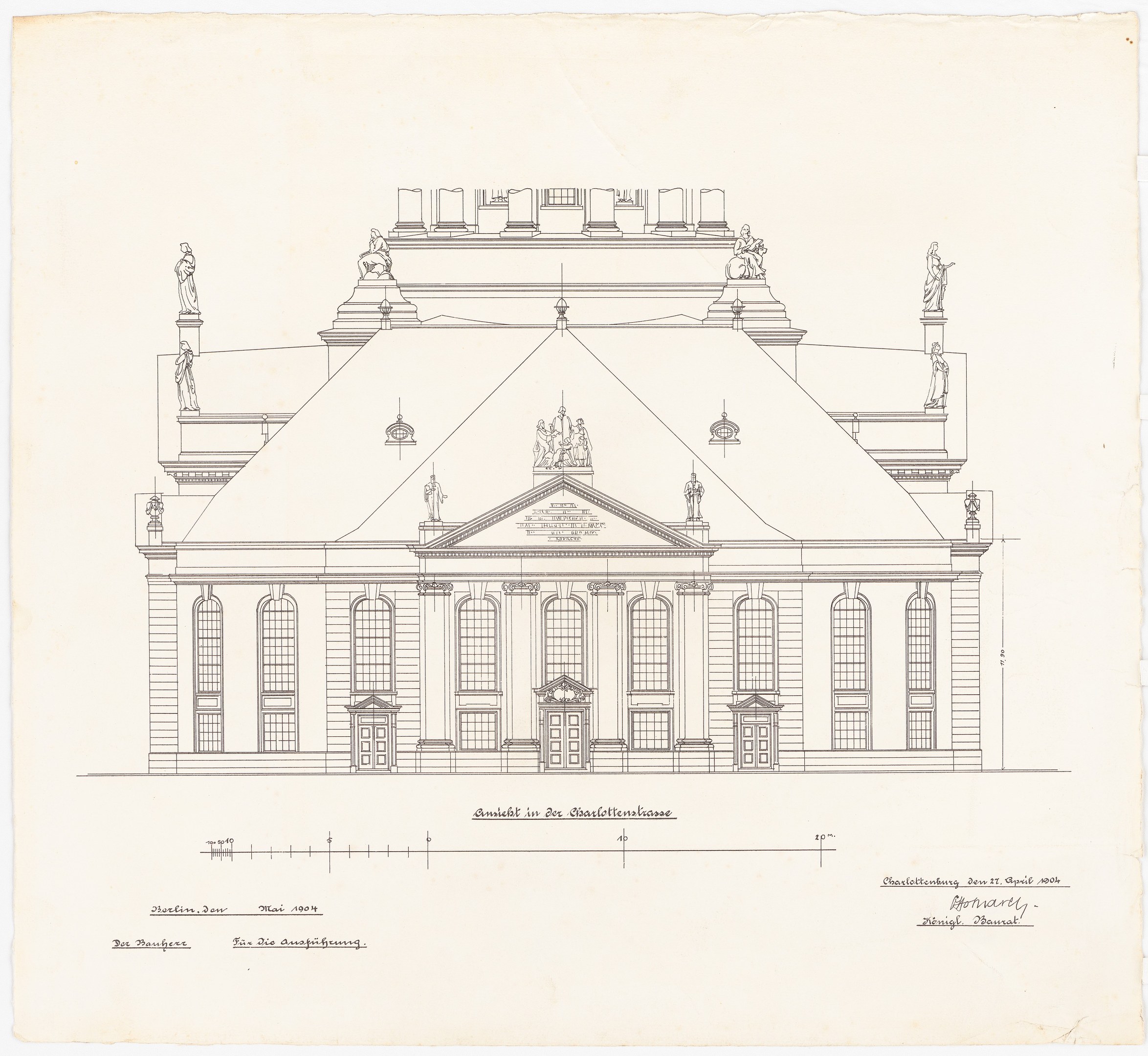 Schwarz-weiß-Zeichnung der Schlosshof-Fassade in Dresden, Deutschland, mit zahlreichen Fenstern und Statuen auf ihrem Dach, auf einem Blatt Papier mit handgeschriebenem Text.