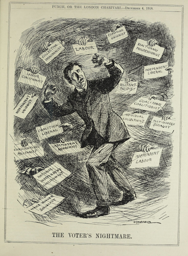 Ein Blatt Papier mit einer Zeichnung eines Mannes im Anzug, der ein Schild hält, auf dem "Der Wähler-Albtraum" steht, mit entschlossener Miene.