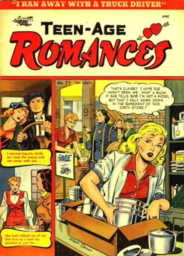 Ein farbenfrohes Plakat mit der Aufschrift "Teen-Age Romances 23-A by DC", das eine Gruppe von Menschen in einer romantischen Umarmung zeigt, die lächeln und sich in die Augen schauen.