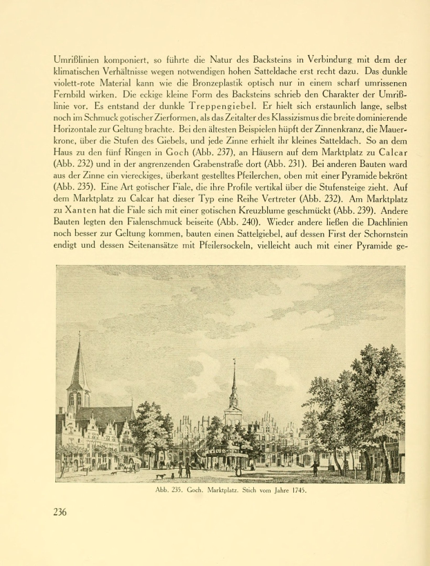 Offenes Buch mit einer handgezeichneten Stadtansicht, die Gebäude, Bäume und Menschen enthält, begleitet von Text.