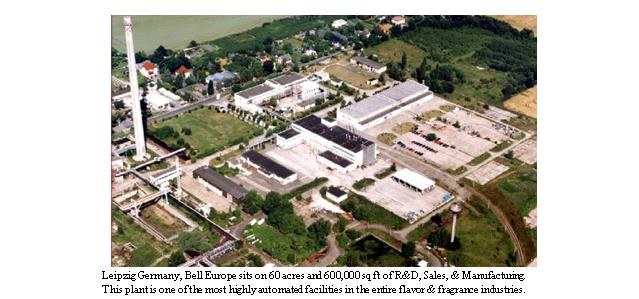 Luftaufnahme eines großen Industriegebiets in Leipzig, Deutschland, beschriftet mit "Bell Europe", mit Gebäuden, Bäumen, Straßen und Strommasten.