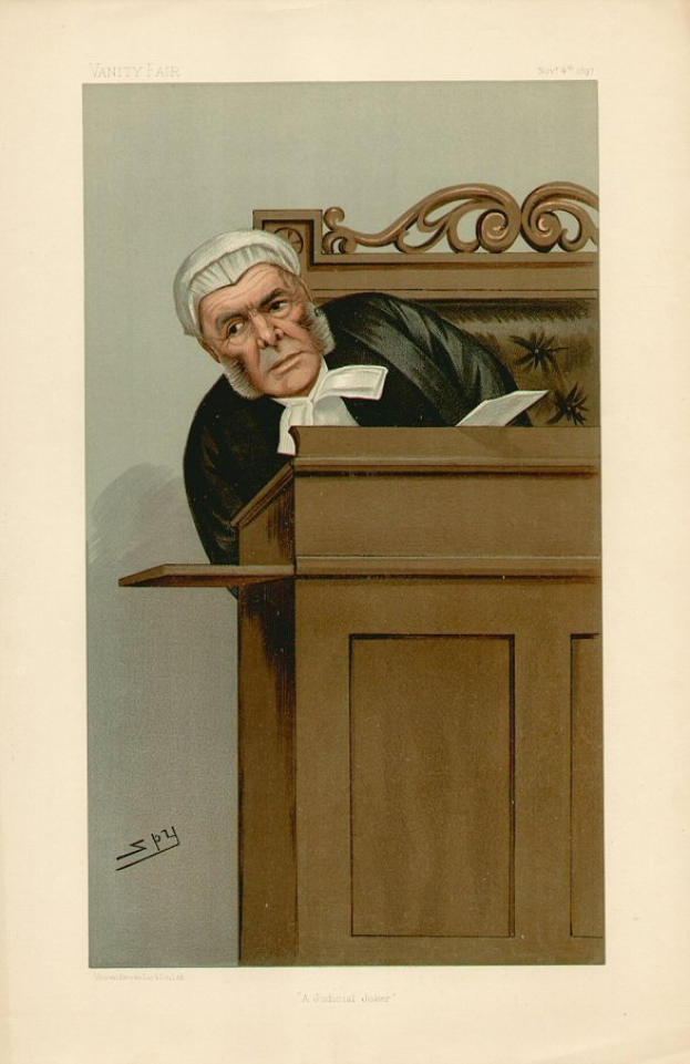 Alter Mann in schwarzem Gewand und weißer Mücke, der an einem hölzernen Pult sitzt und ein Buch mit dem Titel "Ein Richter" vor sich hat.