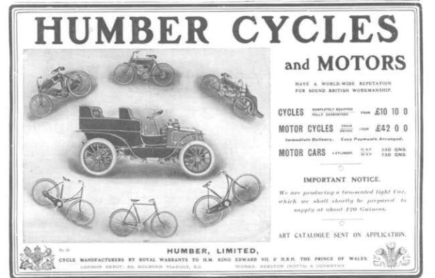 Anzeigetafel für Humber Cycles and Motors, die verschiedene Fahrräder und Kraftfahrzeuge zeigt, mit beschreibendem Text.
