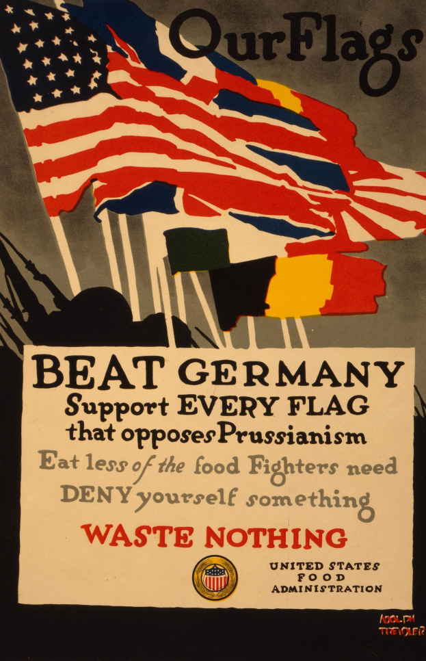 Ein Plakat mit einer roten, weißen und blauen Flagge mit einem weißen Stern, begleitet von fettgedrucktem schwarzem Text, der "Unsere Flaggen schlagen Deutschland - Unterstützt jede Flagge, die gegen Preußentum kämpft" in einem weißen Rahmen lautet.