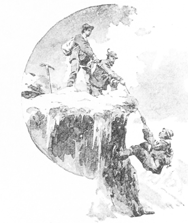 Schwarze und weiße Illustration von Menschen, die einen Berg besteigen, einer hält einen Stock, mit Text "Bergsteigen - The Illustrated London News" unten.