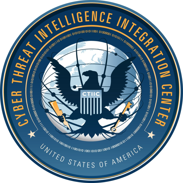 Logo des Cyber Threat Intelligence Integration Center (CTIC) mit einem blauen Kreis mit einer weißen Silhouette einer Person in der Mitte, umgeben von einem weißen Ring mit dem blauen Text 'CTIC'.