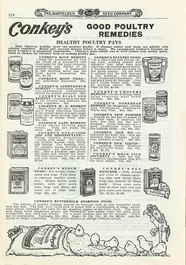 Schwarz-weiß-Anzeige für Conkey's Good Poultry Remedies, die Text und Abbildungen von Lebensmitteln zeigt.