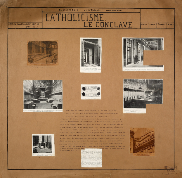 Ein Buch mit dem Titel "Geschichte der katholischen Kirche" mit Bildern von Kirchenräumen, Fluren, Artefakten und beschreibendem Text.