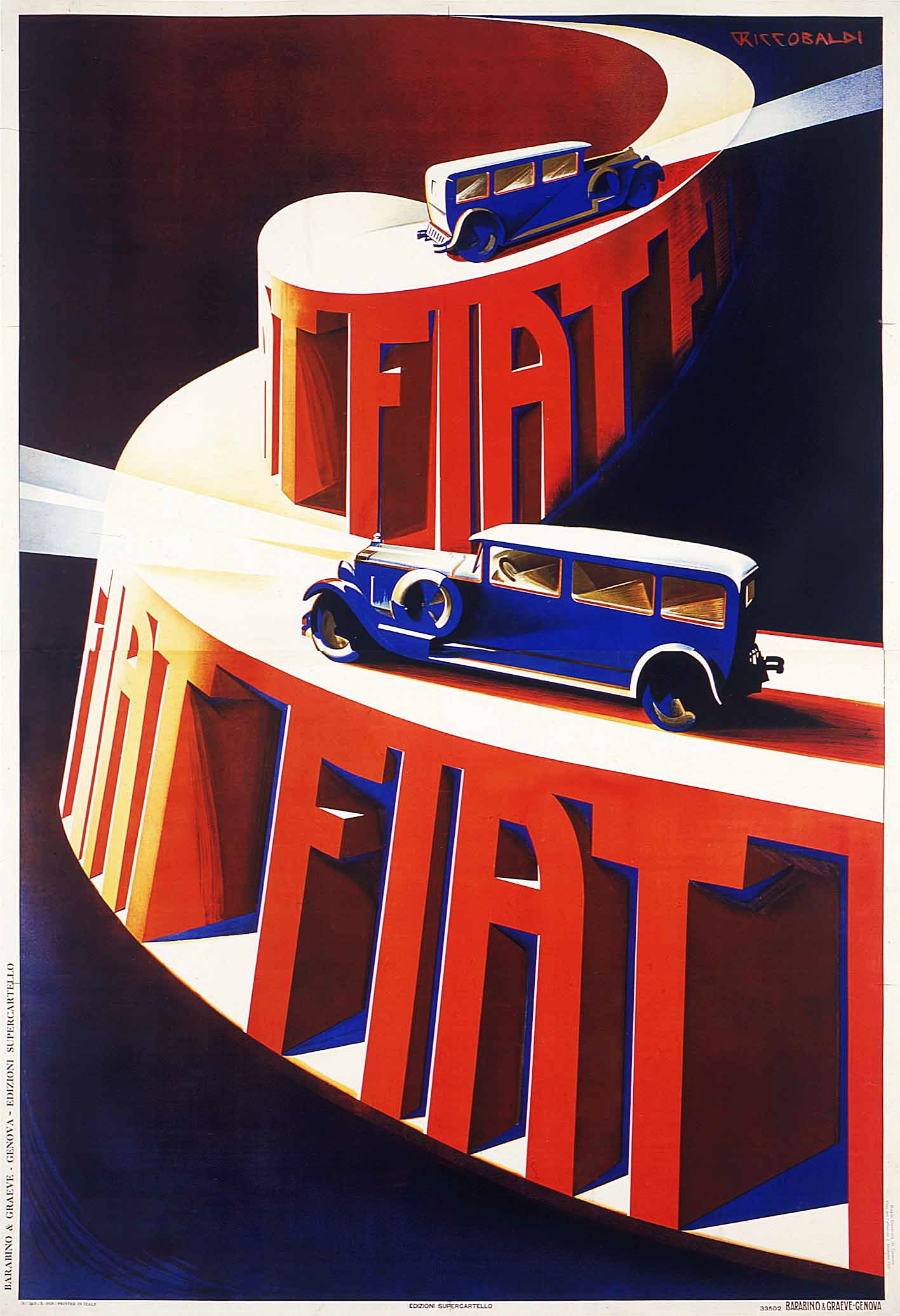 Zwei Fiat-Autos, eines blau und eines rot, auf einem Werbeplakat mit dem "Fiat"-Logo abgebildet.