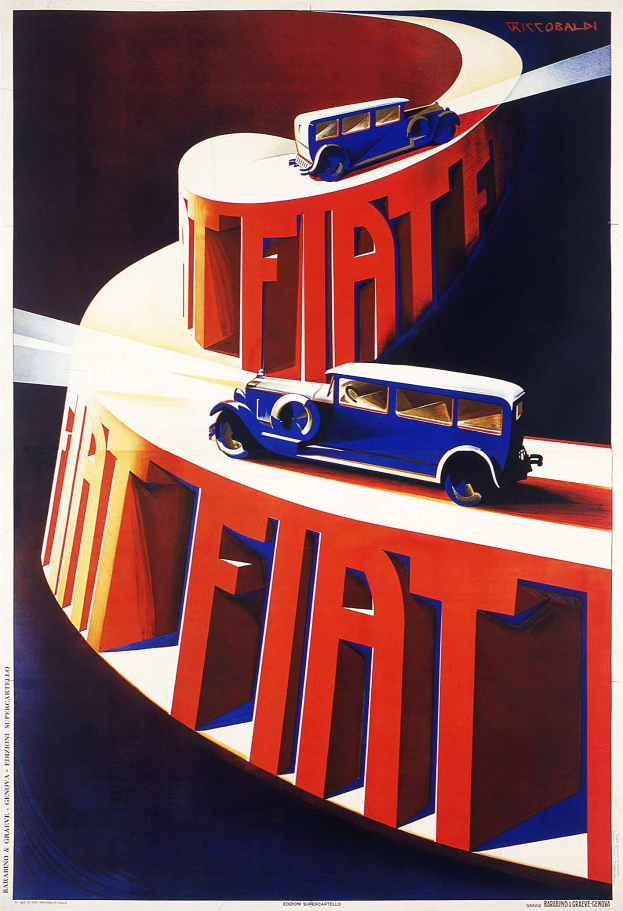 Zwei Fiat-Autos, eines blau und eines rot, auf einem Werbeplakat mit dem "Fiat"-Logo abgebildet.