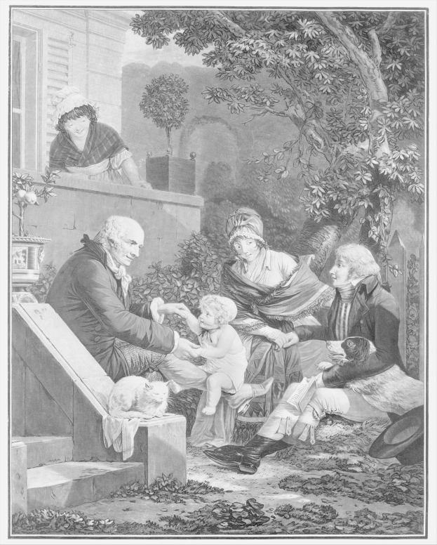 Eine Schwarz-Weiß-Gravur einer Familie, die auf den Stufen eines Hauses sitzt, mit einem Mann, der ein Baby hält, in der Mitte, zwei Frauen und ein Kind auf beiden Seiten, Treppe, die zum Haus führt, und Bäume und Wand im Hintergrund.