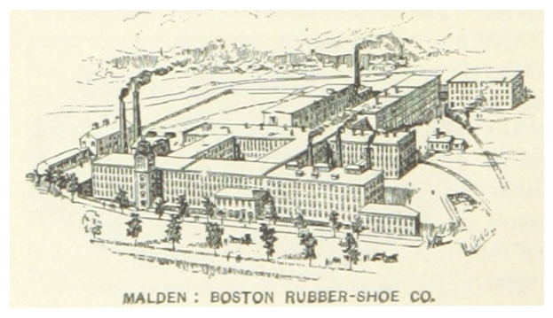 Plakat für die Malden Boston Rubber-Shoe Co. mit einigen Gebäuden und Bäumen im Vordergrund und Text unten.