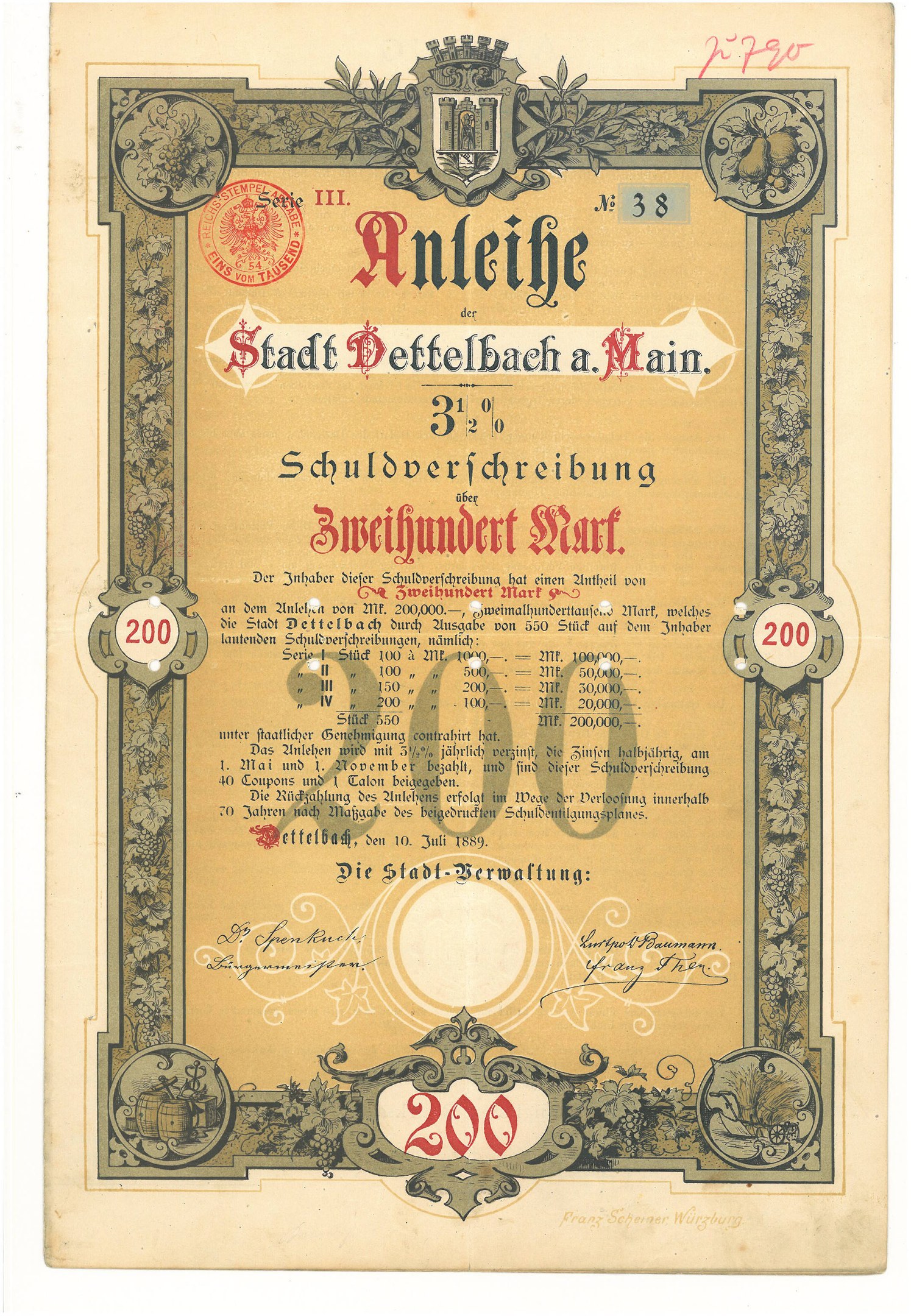 Altes deutsches Aktienzertifikat mit Porträt eines Mannes, mit gedrucktem Text und numerischen Werten, die die Aktiendetails angeben.