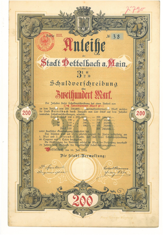 Altes deutsches Aktienzertifikat mit Porträt eines Mannes, mit gedrucktem Text und numerischen Werten, die die Aktiendetails angeben.