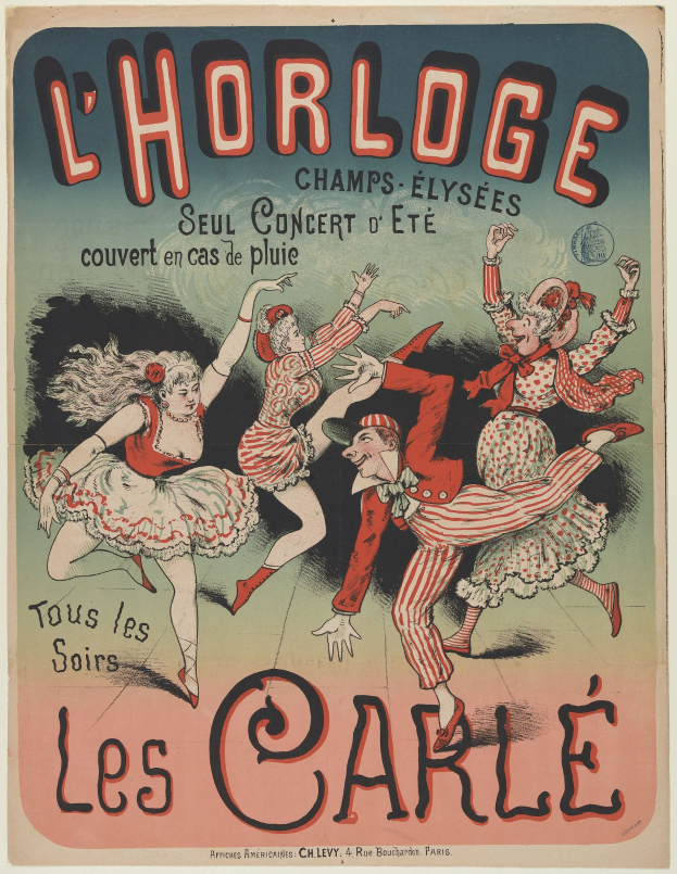 Plakat für ein Konzert im Chorlage in Paris mit einer Gruppe von Menschen in bunten Kostümen, die tanzen, und Text in einer fetten Schrift auf einem hellgelben Hintergrund.