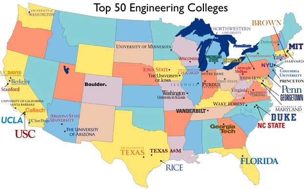Eine Karte der Vereinigten Staaten, die die besten 50 Ingenieurhochschulen in verschiedenen Farben hervorhebt, mit dem Text "Top 50 Ingenieurhochschulen in den USA".
