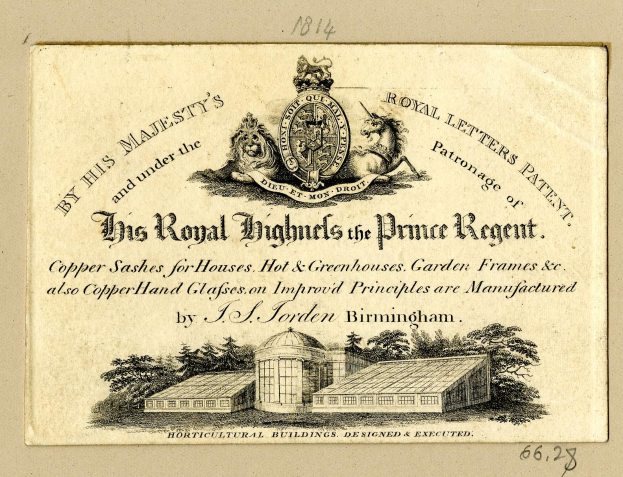 Alte Visitenkarte mit einem Gebäude und Bäumen, dem Text "The Royal Highmills of the Prince Regent" und einem Logo.