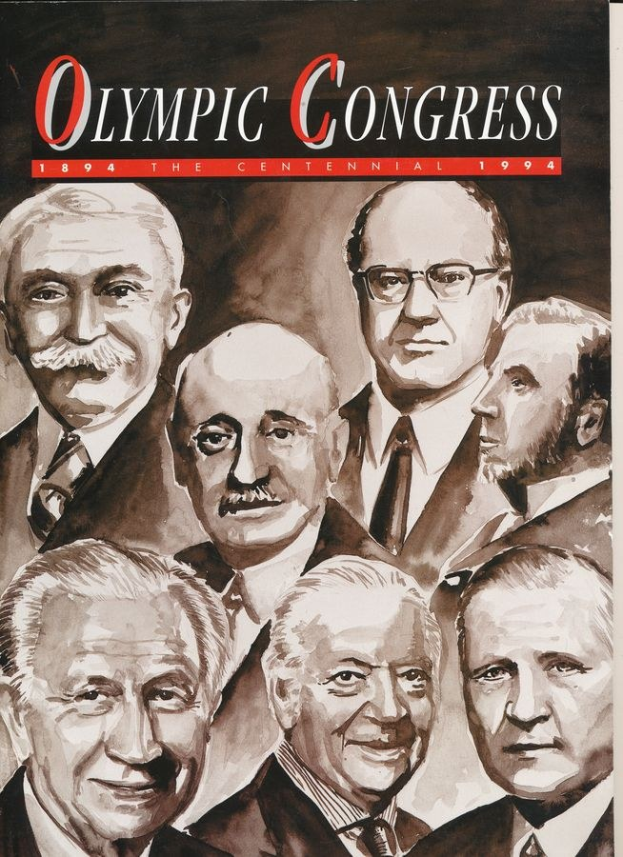 Plakat für den Olympischen Kongress 1994 mit einer Gruppe von Männern in Anzügen und Krawatten sowie Textinformationen.