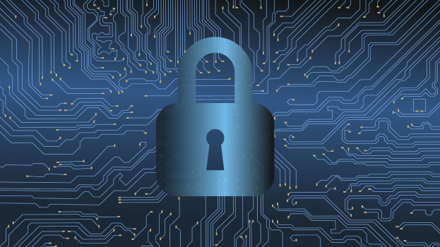 Ein Vorhängeschloss auf einer Leiterplatte, das die Cybersecurity und den Datenschutz symbolisiert.