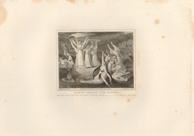 Schwarz-weißer Kupferstich mit dem Titel 'Aaron Staying the Plague', der verstörte Menschen in einem Feld unter einer untergehenden Sonne zeigt.