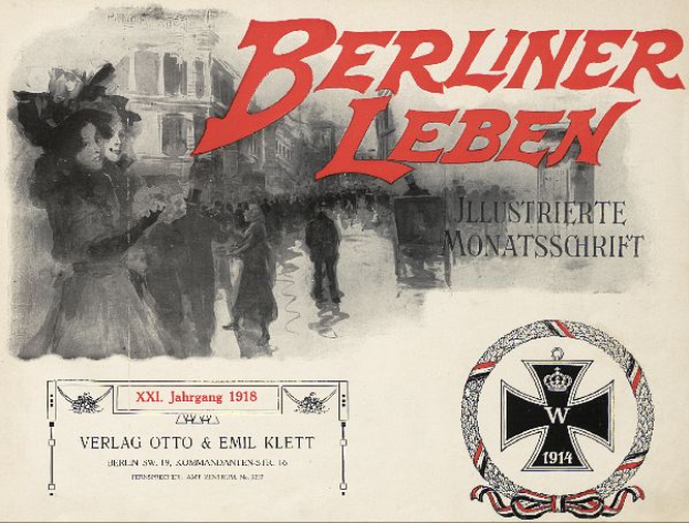 Ein altes Buchcover mit einer Gruppe von Menschen in festlicher Stimmung, Text "Berliner Leben" und einem Logo im Zusammenhang mit der deutschen Armee.