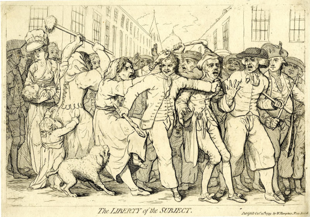 Ein Blatt Papier mit einer Zeichnung von bedrängten Menschen um einen Hund, beschriftet mit "Die Freiheit des Individuums" unten.