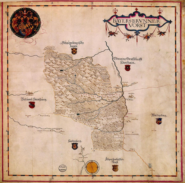 Ein 15. Jahrhundert-Karte-Poster von Bayern, das geografische Merkmale wie Flüsse, Berge und Städte zeigt, begleitet von beschreibendem Text und Logos.