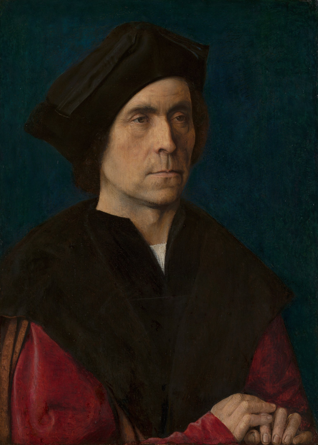 Gemälde eines Mannes in einem schwarzen und roten Gewand mit schwarzem Hut vor einem blauen Hintergrund mit gefalteten Händen und intensivem Blick, der einen Theologen darstellen soll.