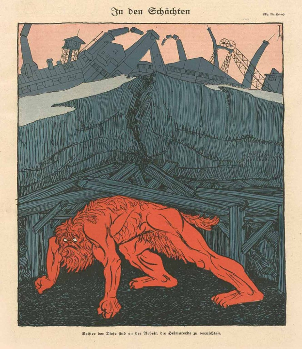 Illustration eines bedrohlichen Werwolfs mit ausgestreckten Klauen und offenem Mund vor einem rauchenden Fabrikschornstein unter einem tiefblauen Himmel, mit einem auffälligen Plakat, das den Werwolf in den Vordergrund stellt.