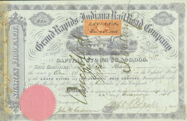 Altes Aktienzertifikat mit einem pinken Stempel und gedrucktem Text, der seinen Ursprung angibt.