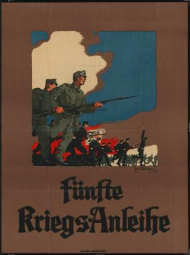 Ein deutsches Weltkriegspropagandaplakat mit einer Gruppe von Menschen in heldenhafter Pose mit Waffen, mit der Schrift 'Fünfte Riegs-Anleitung' in fetter schwarzer Schrift oben, überwiegend rot, weiß und blau.
